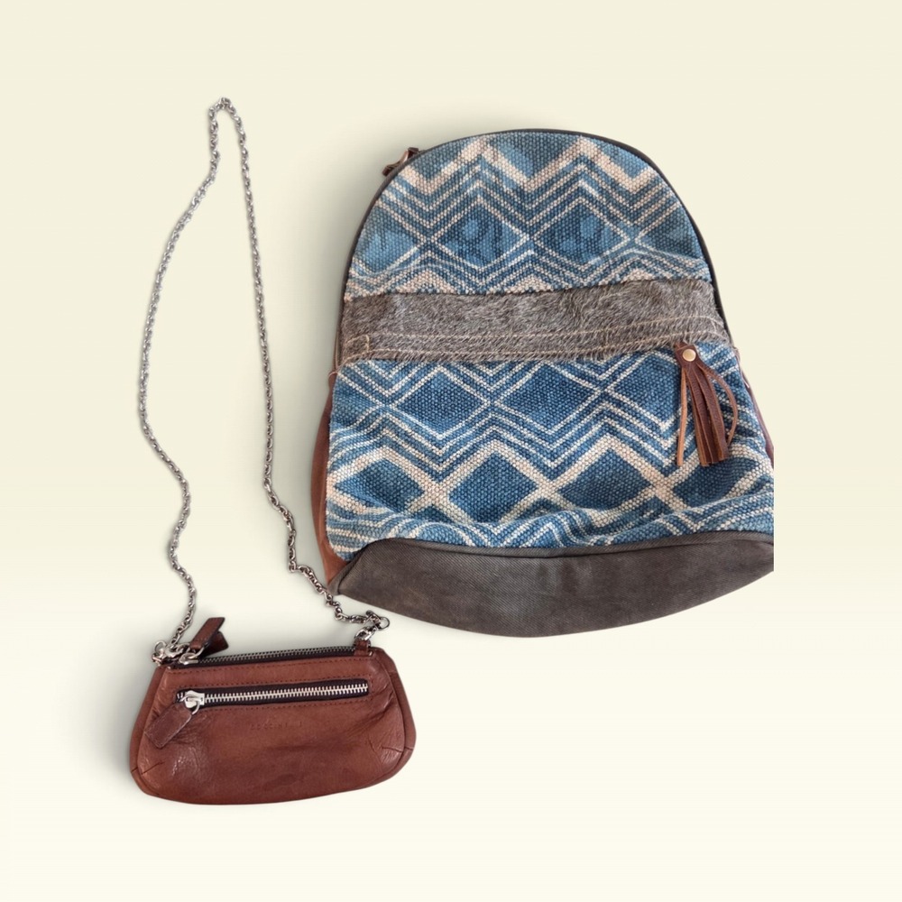 Myra Medium Backpack Blue Canvas Leather Hairon Tassel Detail Mini crossbody bag